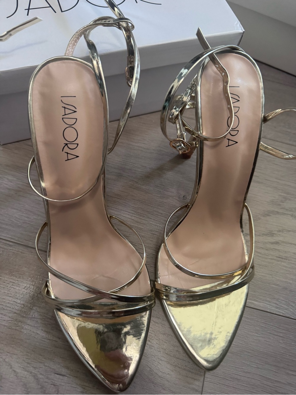 Isadora Gold Metallic Strappy Pointed-Toe Heels